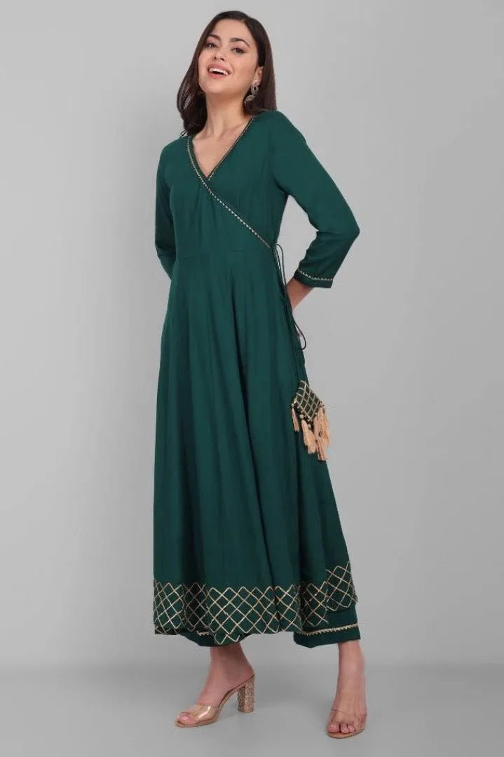 Amreen Dark Green Angrakha Pant and Dupatta