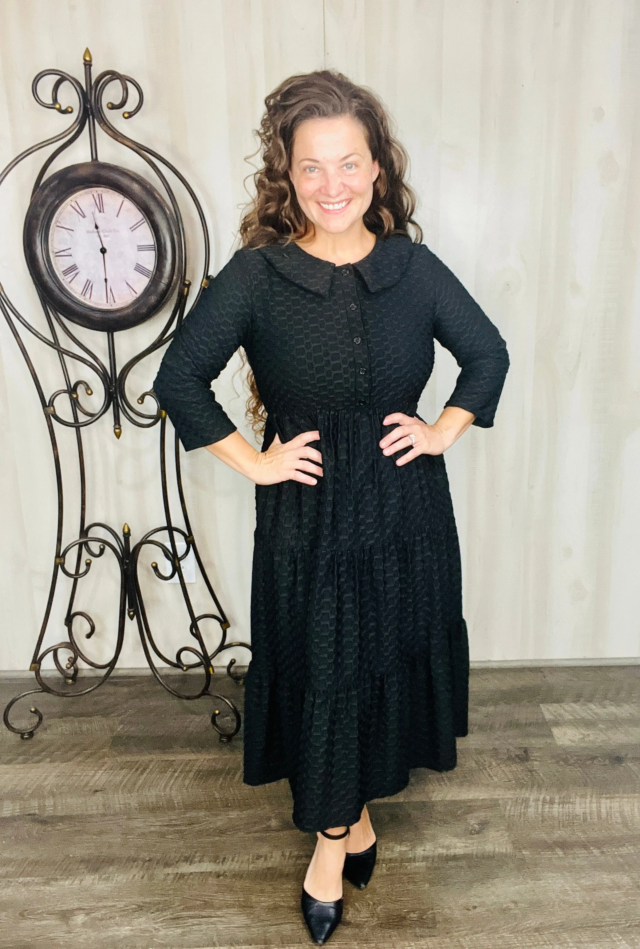 Black Honeycomb Buttons & Collar Dress