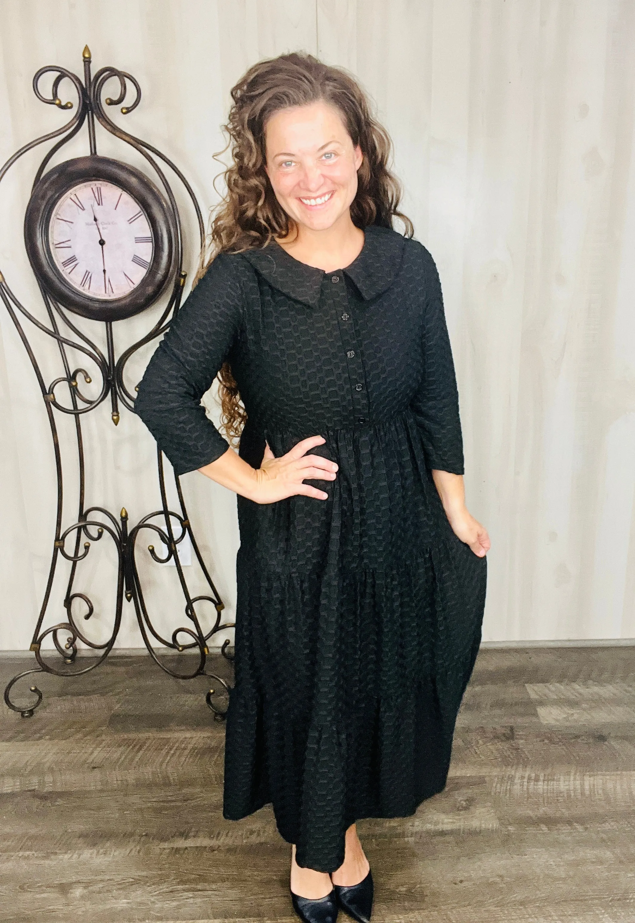 Black Honeycomb Buttons & Collar Dress