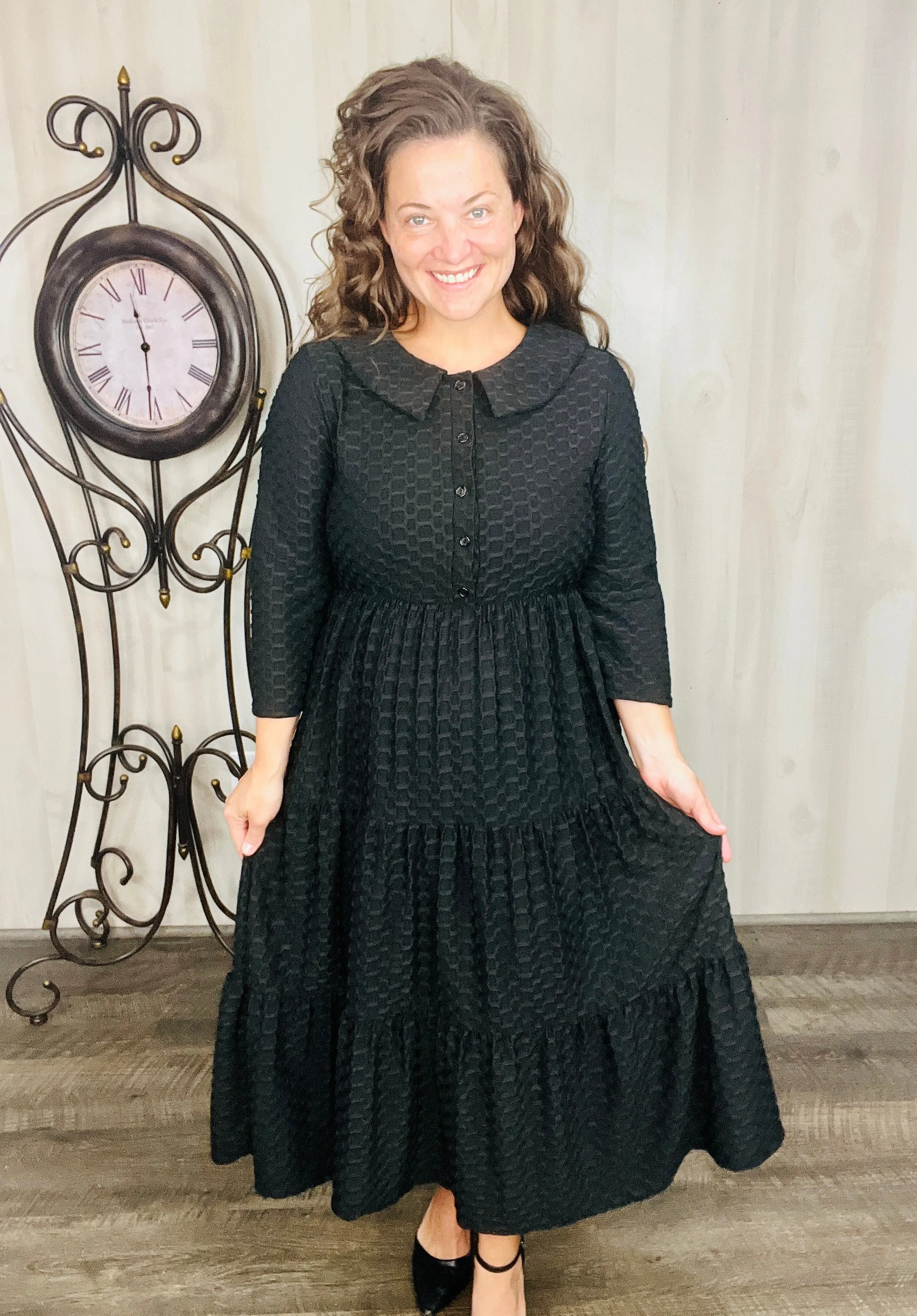 Black Honeycomb Buttons & Collar Dress
