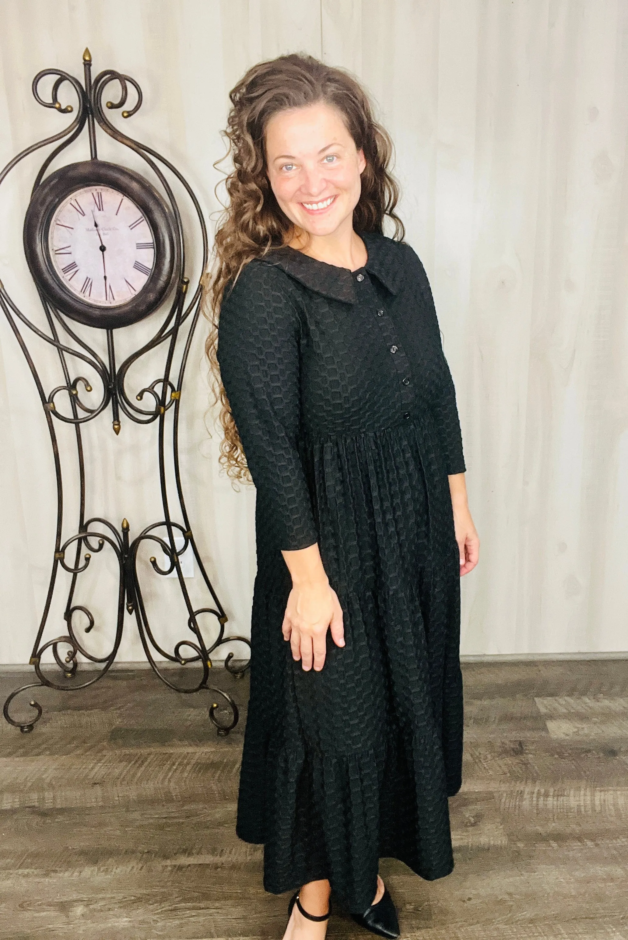 Black Honeycomb Buttons & Collar Dress