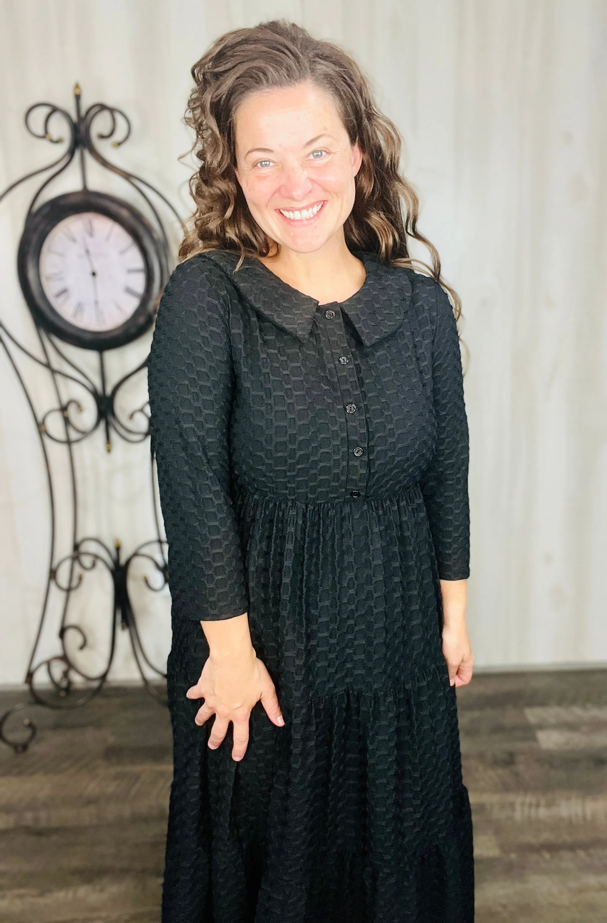 Black Honeycomb Buttons & Collar Dress