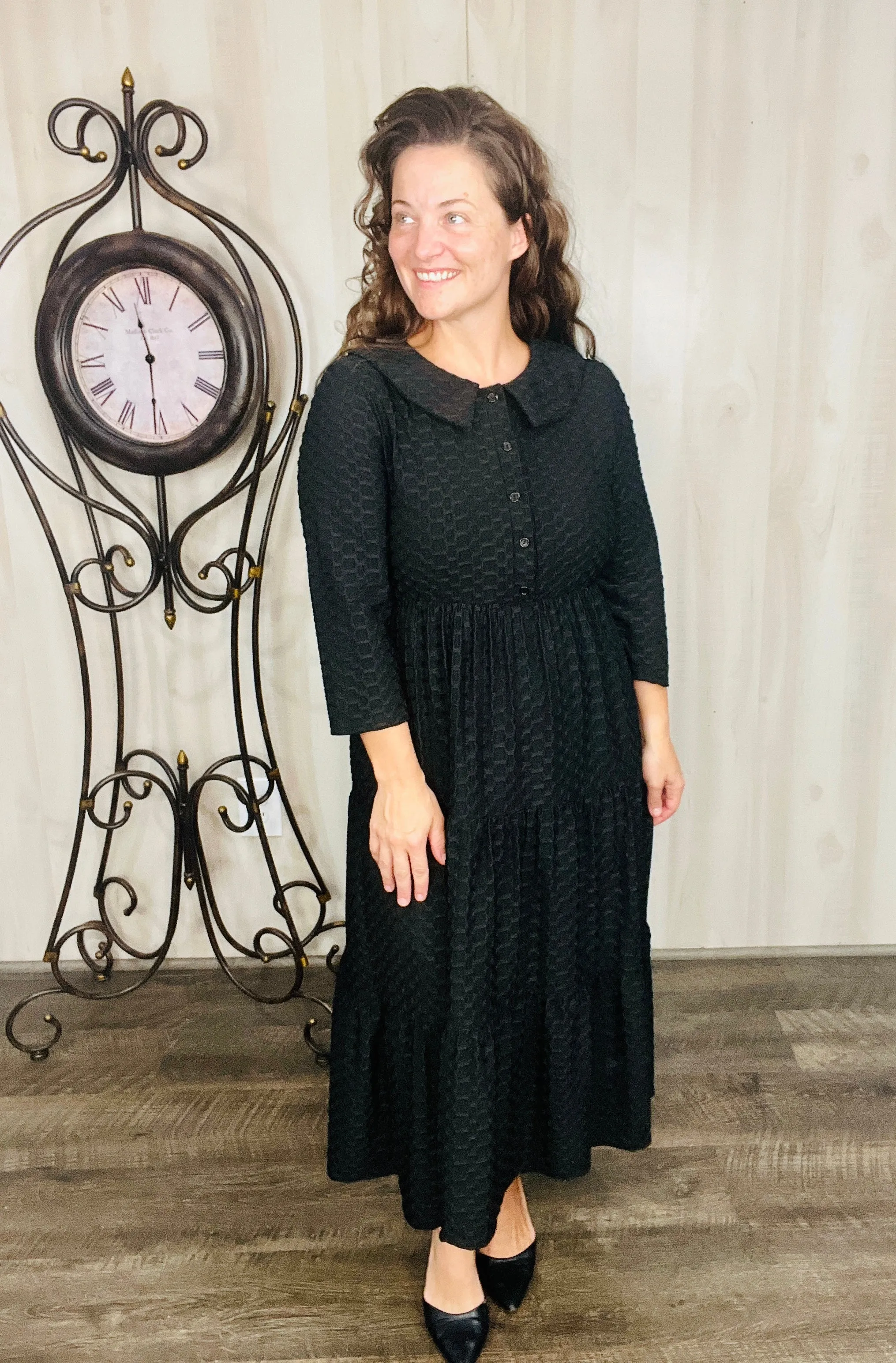 Black Honeycomb Buttons & Collar Dress