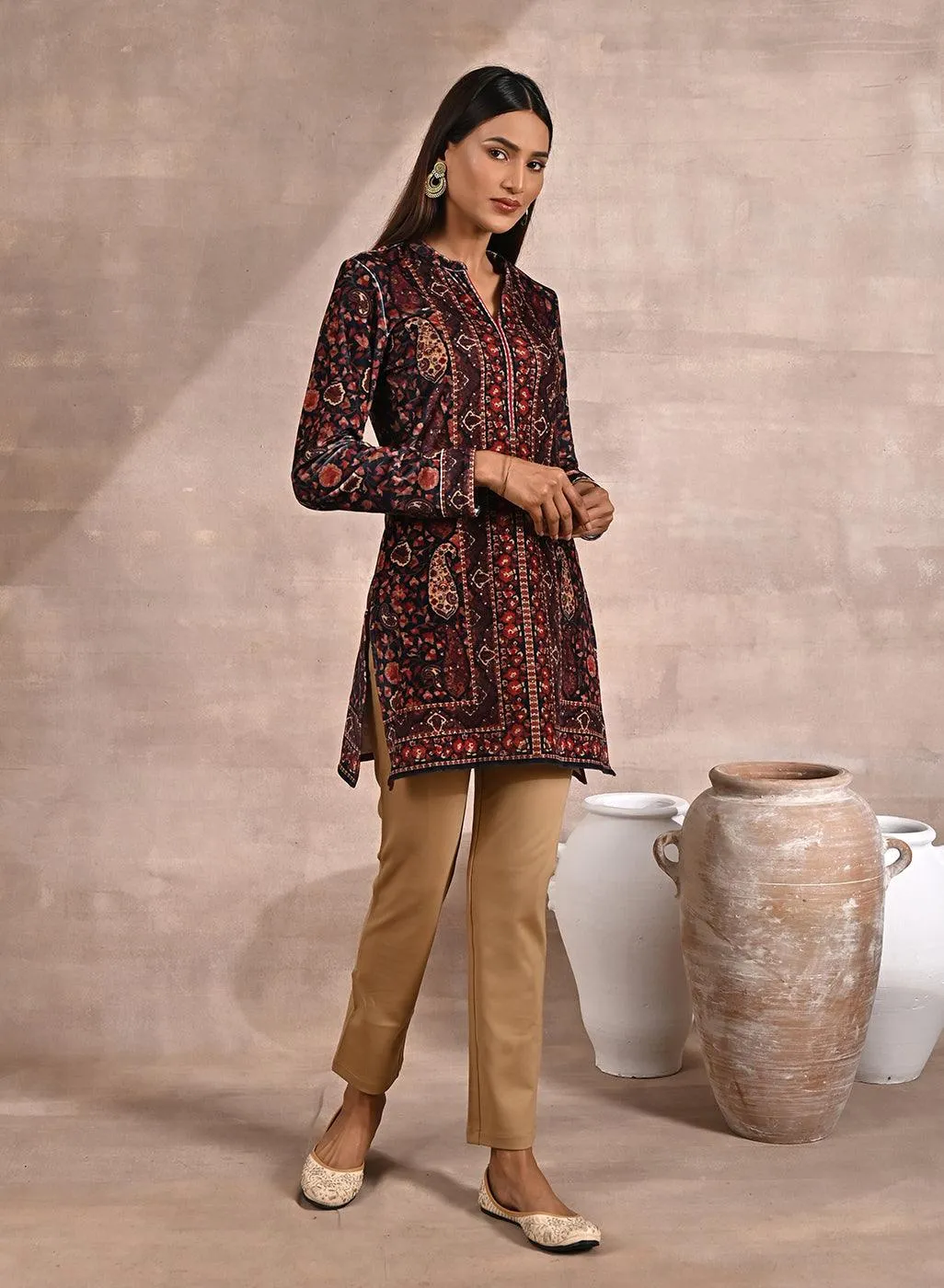 Black Multicolor Print Velvet Straight Kurti
