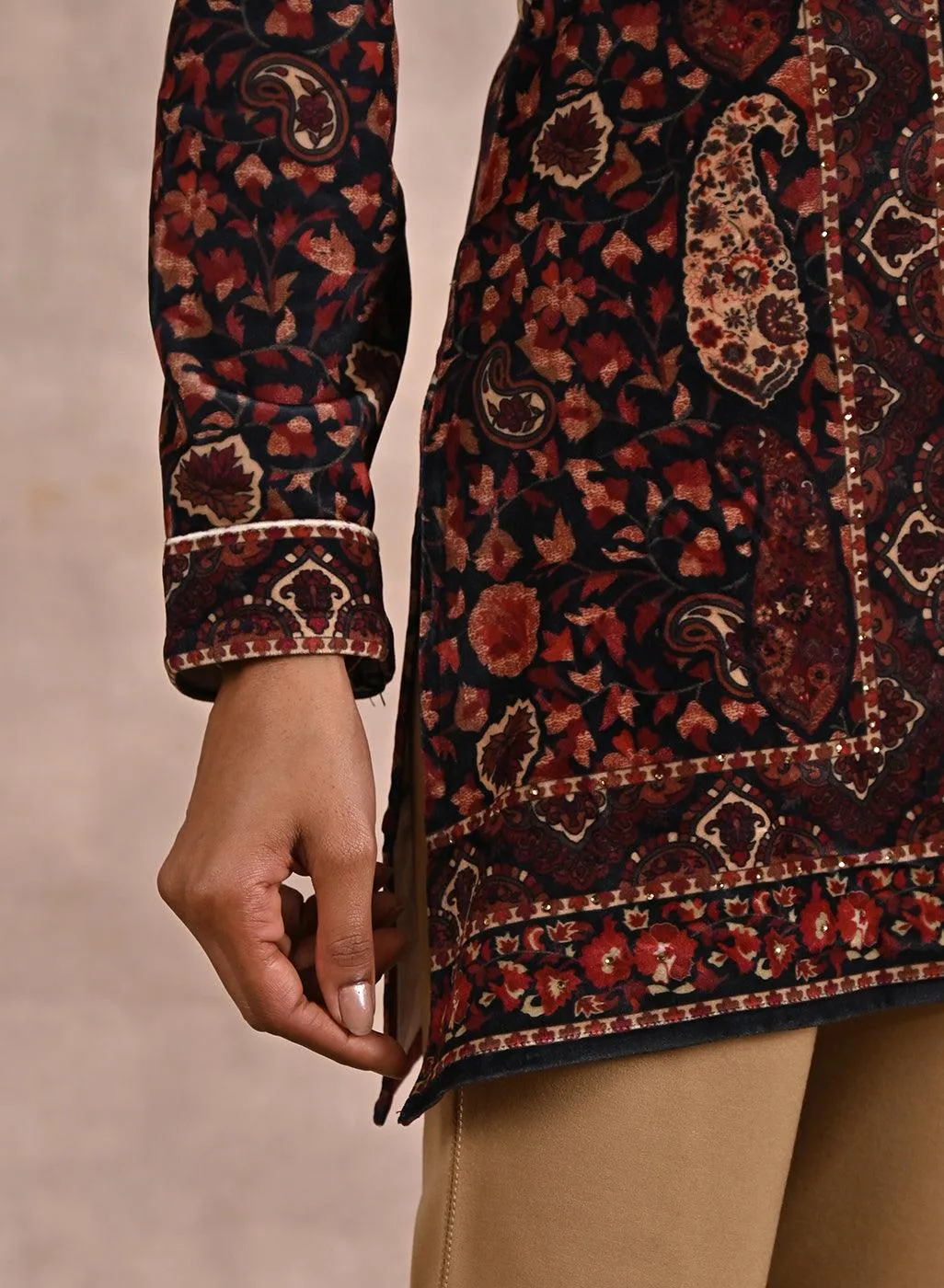 Black Multicolor Print Velvet Straight Kurti