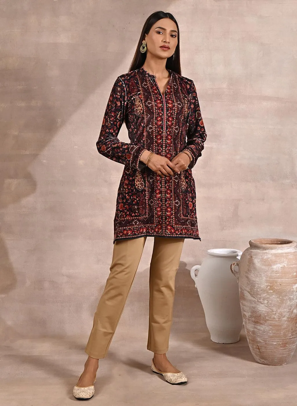 Black Multicolor Print Velvet Straight Kurti