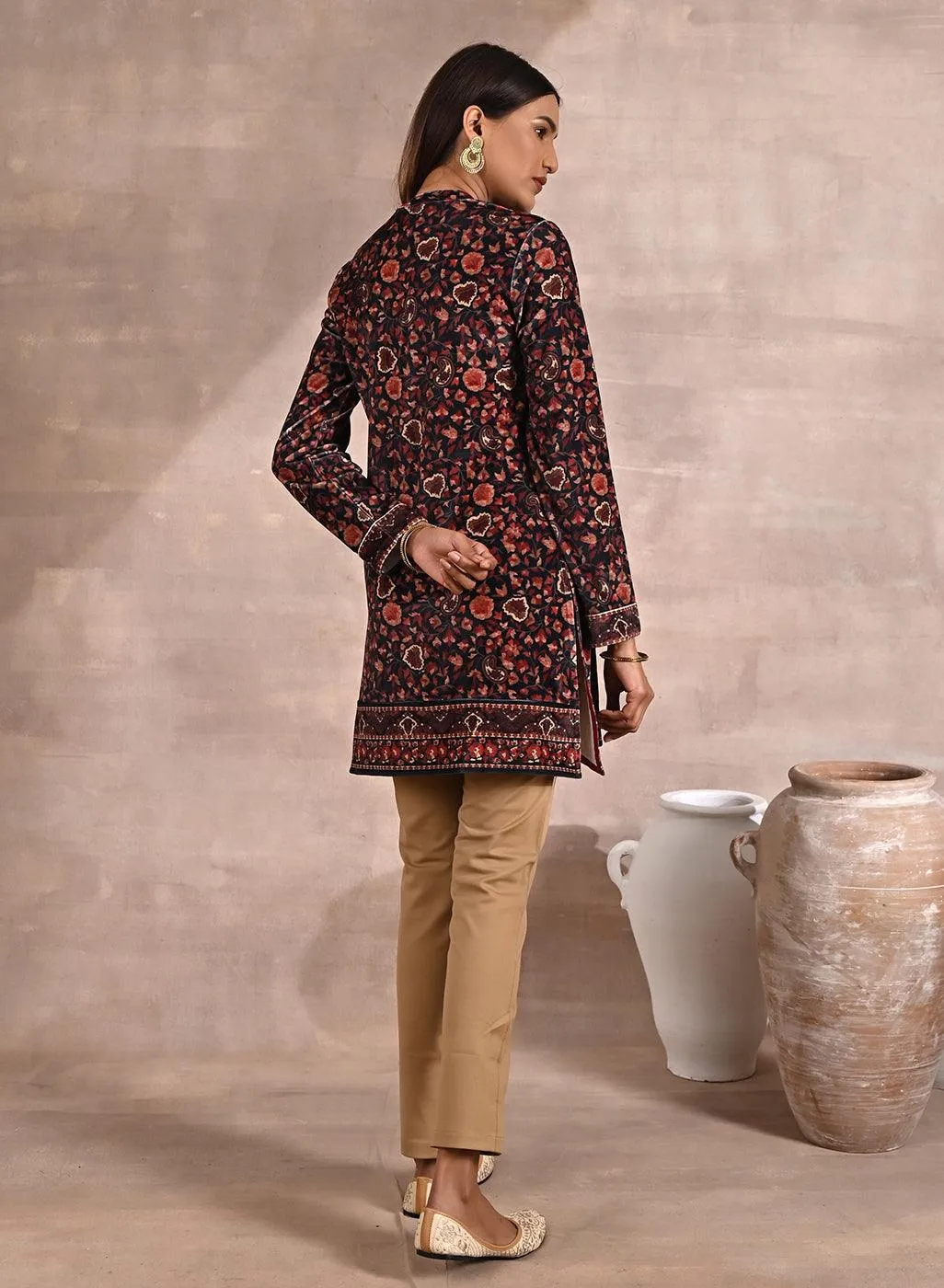 Black Multicolor Print Velvet Straight Kurti