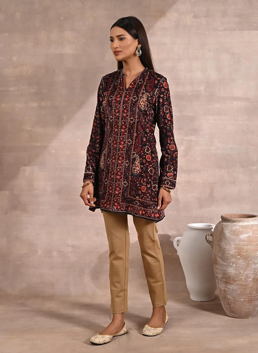 Black Multicolor Print Velvet Straight Kurti