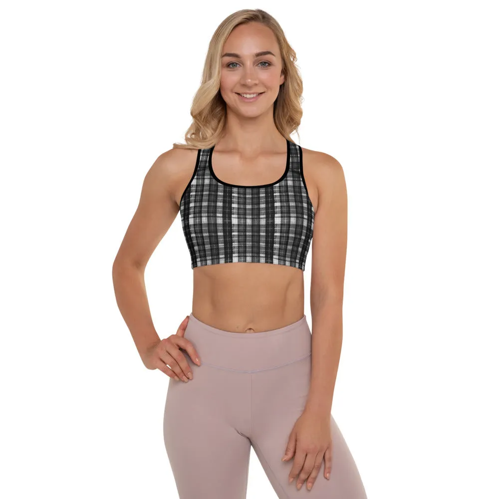 Black Plaid Print Workout Bra, White Black Scottish Plaid Printed Women's Padded Sports Bra