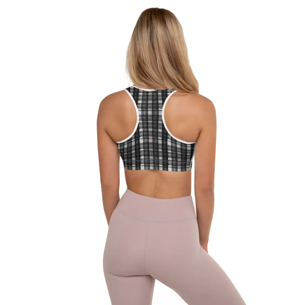 Black Plaid Print Workout Bra, White Black Scottish Plaid Printed Women's Padded Sports Bra