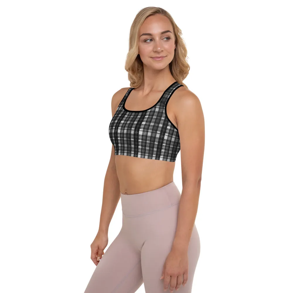 Black Plaid Print Workout Bra, White Black Scottish Plaid Printed Women's Padded Sports Bra