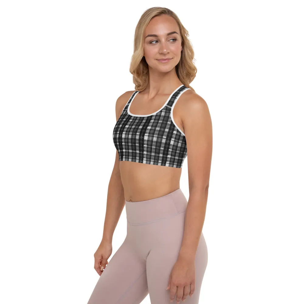 Black Plaid Print Workout Bra, White Black Scottish Plaid Printed Women's Padded Sports Bra