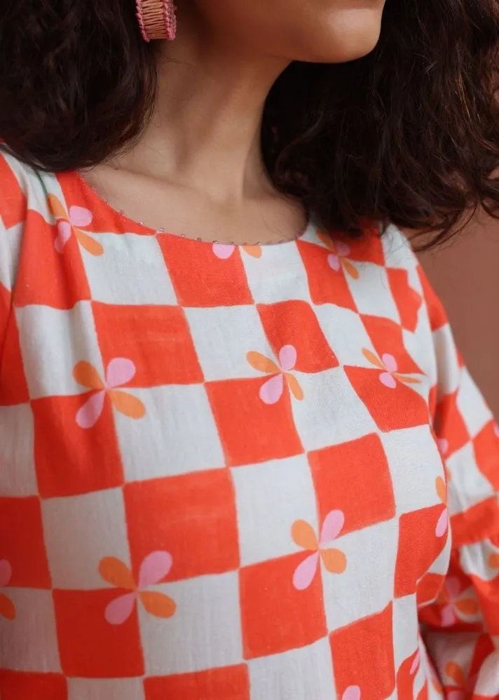 Bloom Kurta Set- Peach Checks