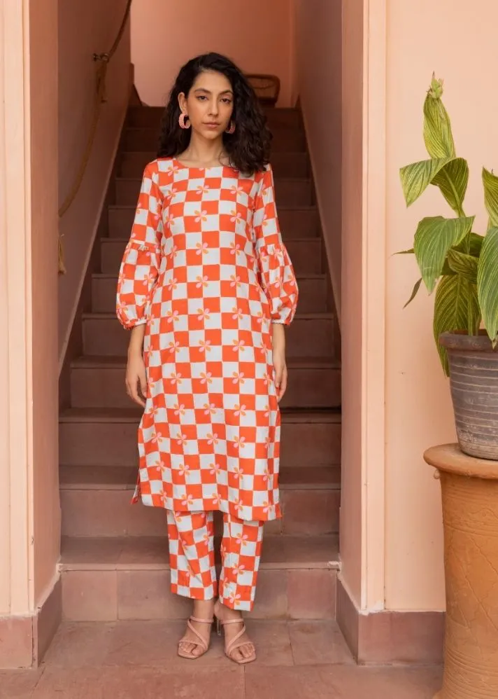 Bloom Kurta Set- Peach Checks