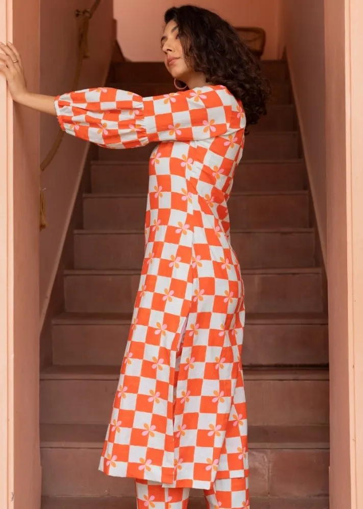 Bloom Kurta Set- Peach Checks