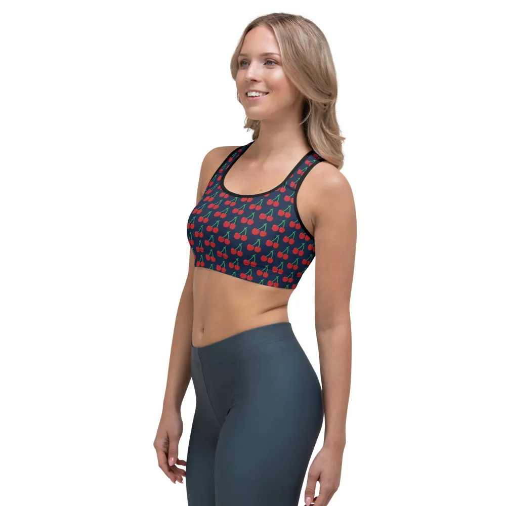 Blue Cherries Women's Sports Bra, Cute Red Cherry Ladies Best Fitness Bra-Made in USA/EU