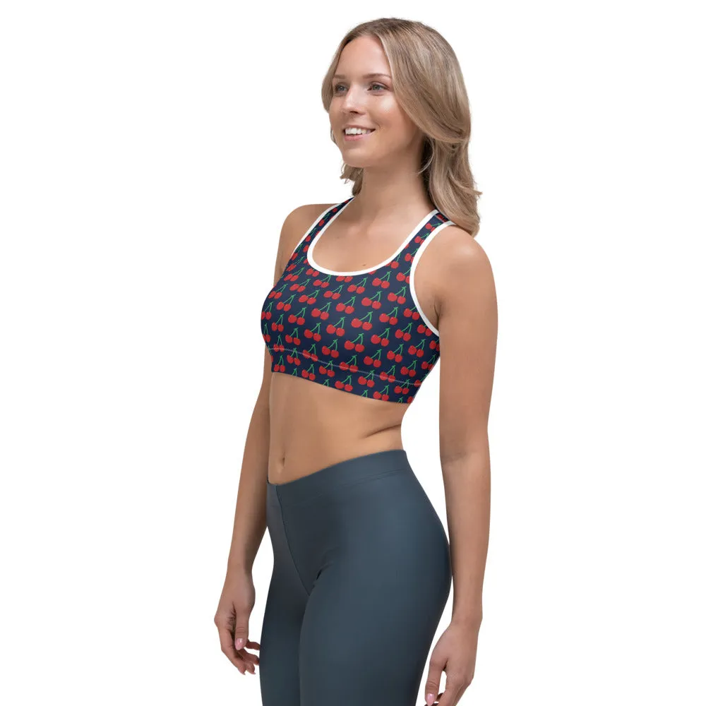 Blue Cherries Women's Sports Bra, Cute Red Cherry Ladies Best Fitness Bra-Made in USA/EU