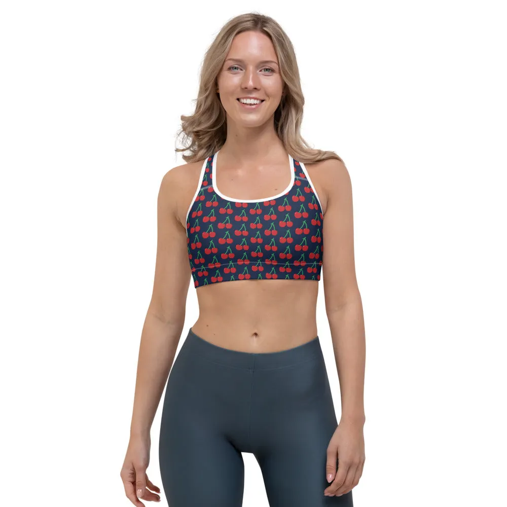 Blue Cherries Women's Sports Bra, Cute Red Cherry Ladies Best Fitness Bra-Made in USA/EU