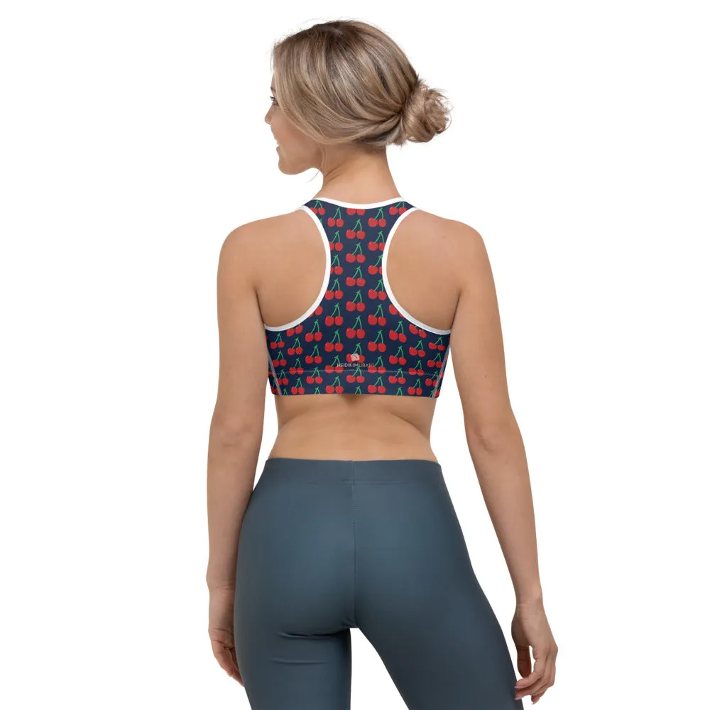 Blue Cherries Women's Sports Bra, Cute Red Cherry Ladies Best Fitness Bra-Made in USA/EU