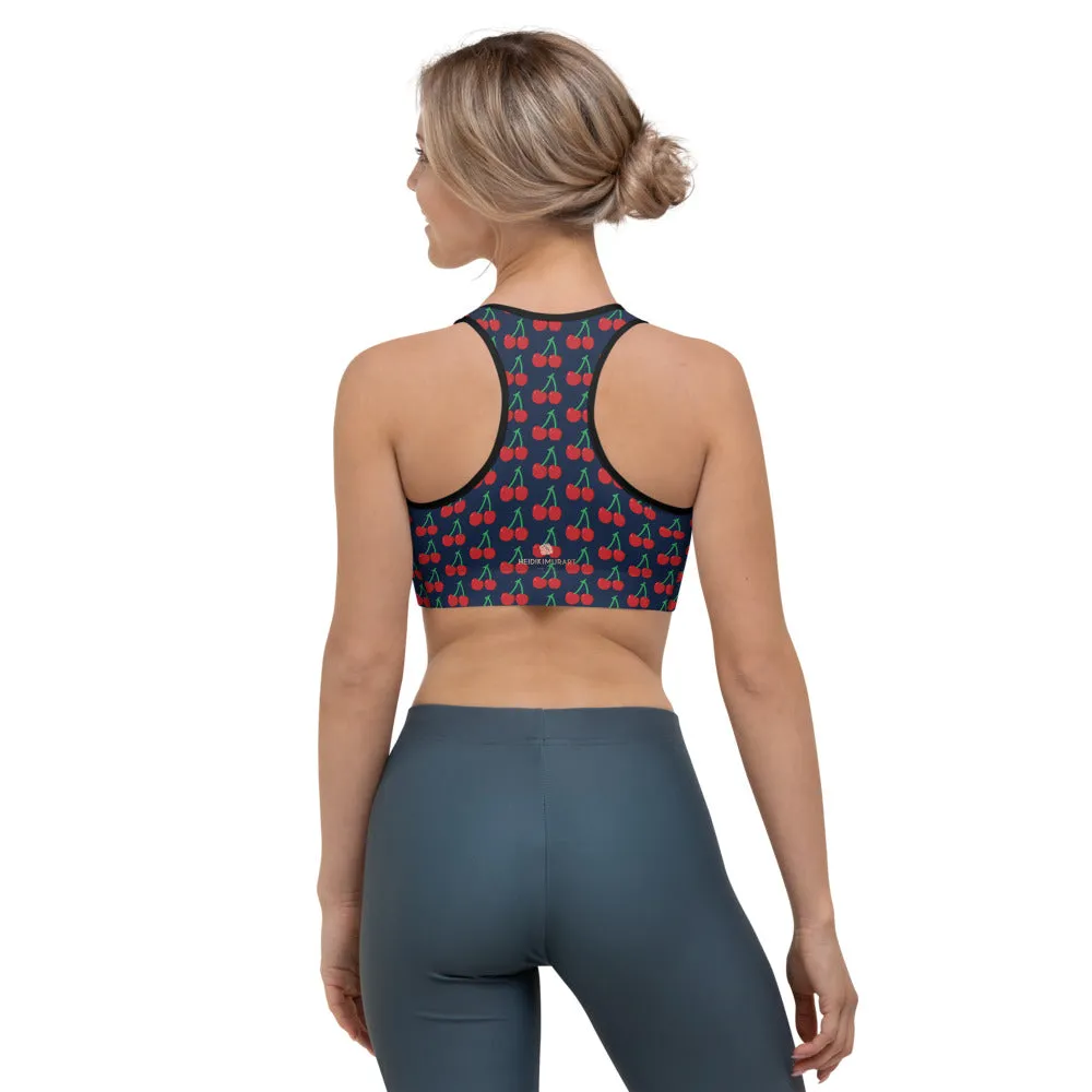 Blue Cherries Women's Sports Bra, Cute Red Cherry Ladies Best Fitness Bra-Made in USA/EU