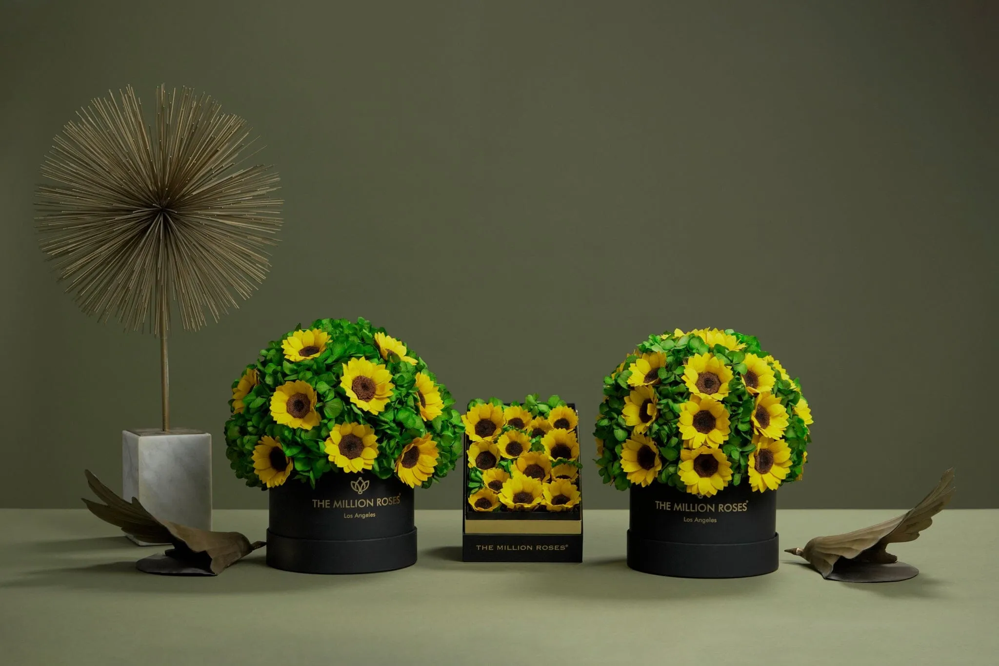 Classic Dark Green Suede Box | Sunflowers & Green Hydrangeas