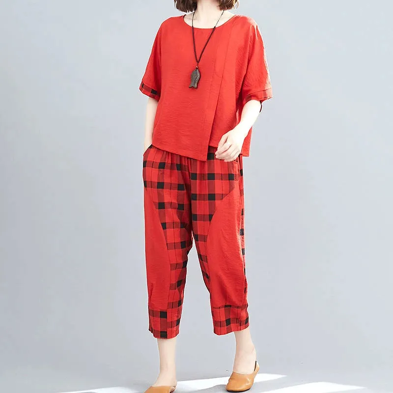 Comfy  2-piece  Casual Sports Set with Loose Short-Sleeved Top & Checkerboard  Pants