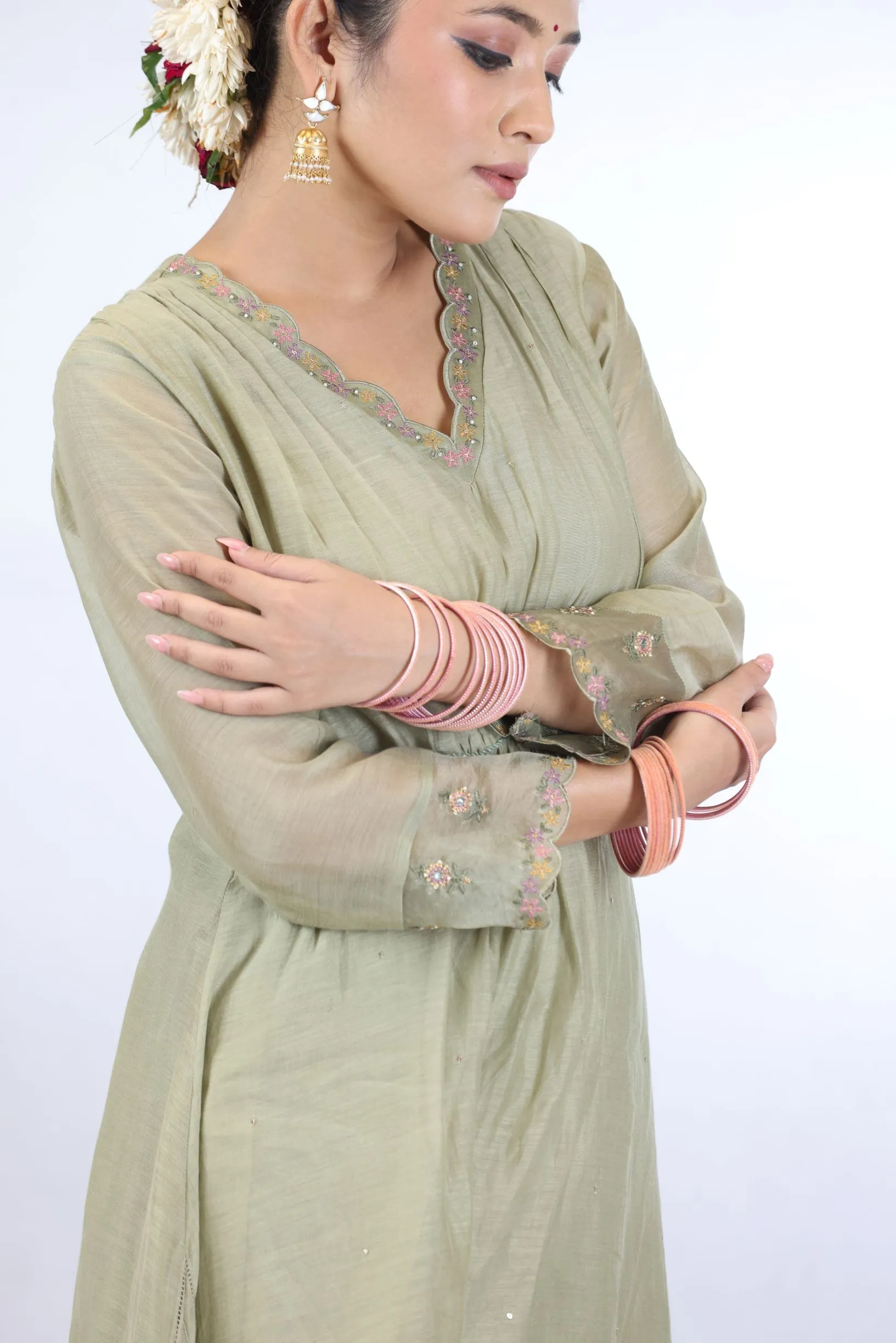 DIA GATHERED KURTA SET - GREEN