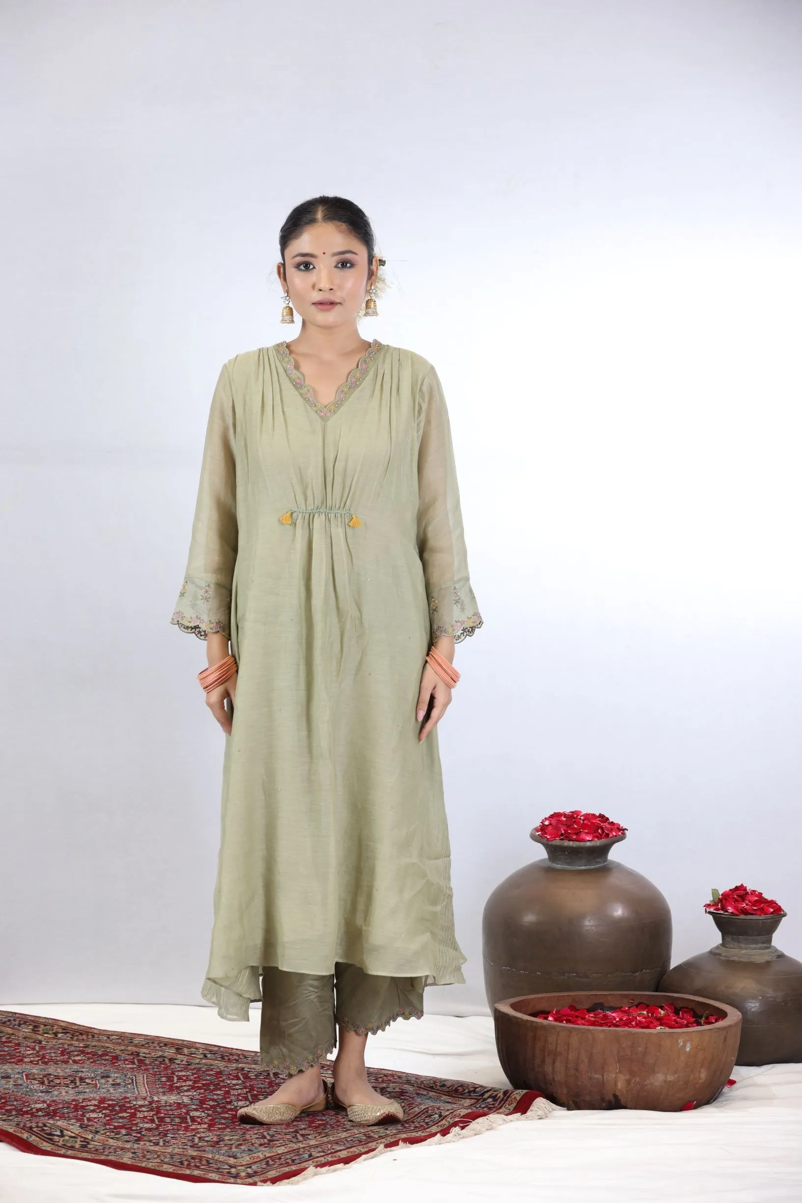 DIA GATHERED KURTA SET - GREEN