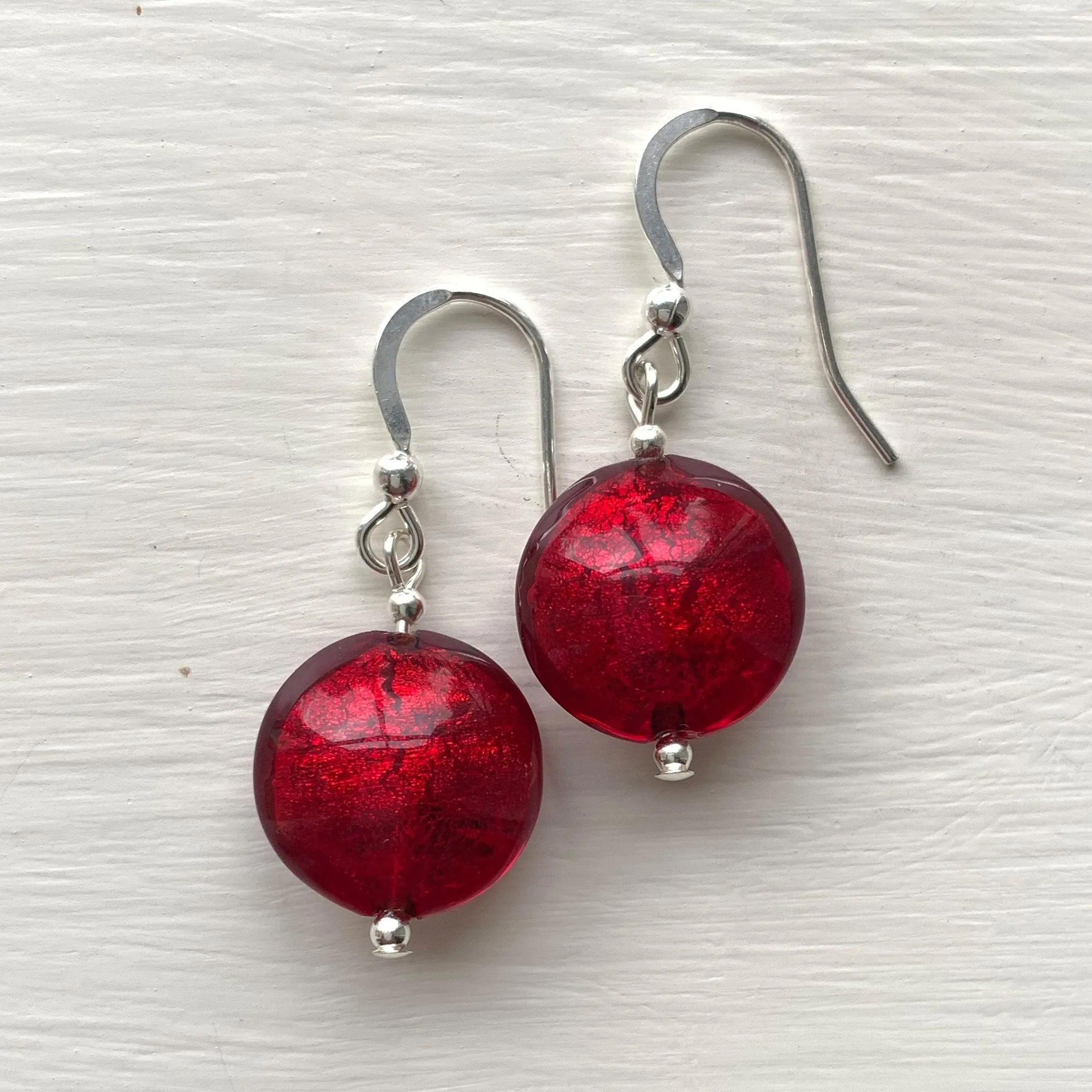 Earrings with red Murano glass small lentil drops on silver or gold hooks