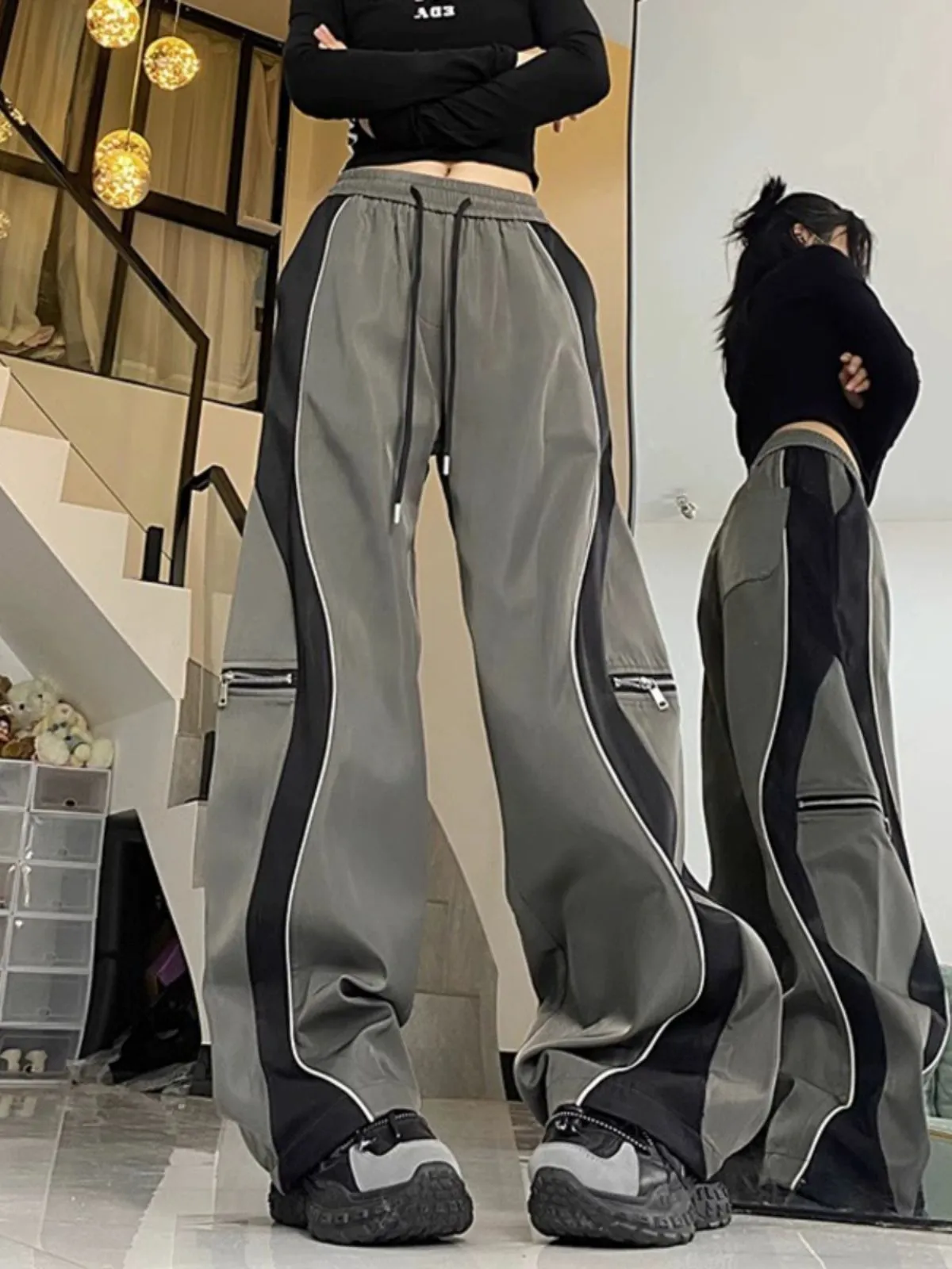 Fashionkova 2024 Contrast Color Spring Zipper Stitching American Sports Pants Straight Loose Pants Men and Women Casual Pants