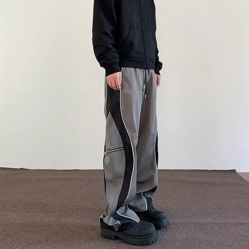 Fashionkova 2024 Contrast Color Spring Zipper Stitching American Sports Pants Straight Loose Pants Men and Women Casual Pants
