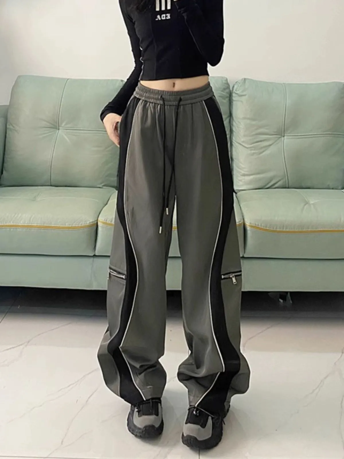 Fashionkova 2024 Contrast Color Spring Zipper Stitching American Sports Pants Straight Loose Pants Men and Women Casual Pants