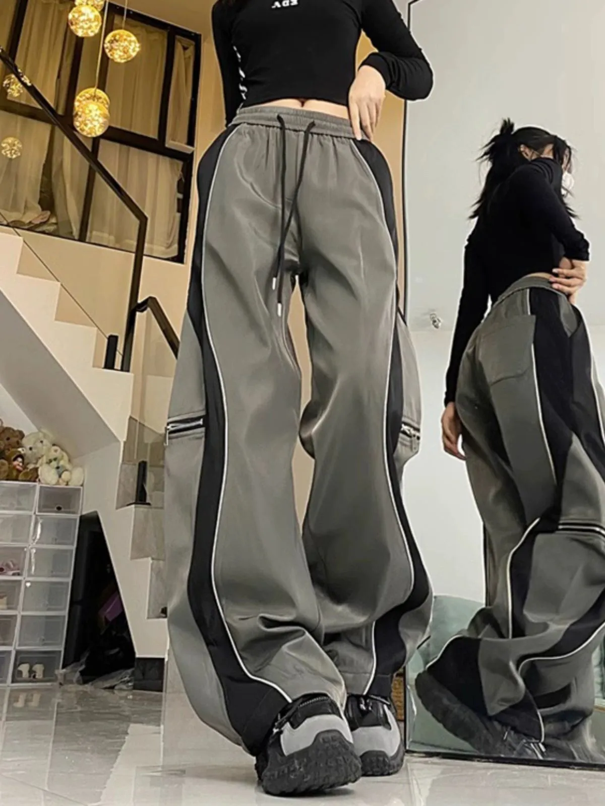 Fashionkova 2024 Contrast Color Spring Zipper Stitching American Sports Pants Straight Loose Pants Men and Women Casual Pants