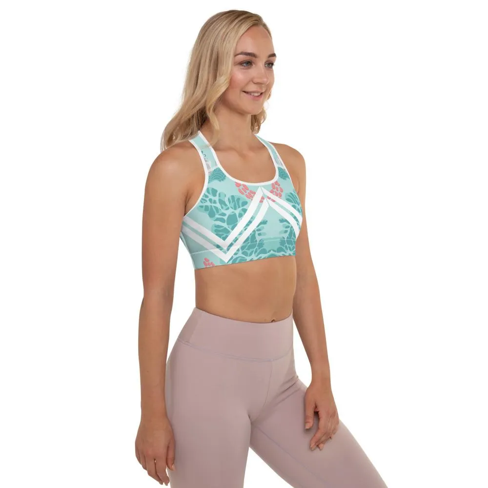 Floral Swan Sporty Fitness Bra, Light Blue Women's Padded Gym Sports Bra- Made in USA/ EU