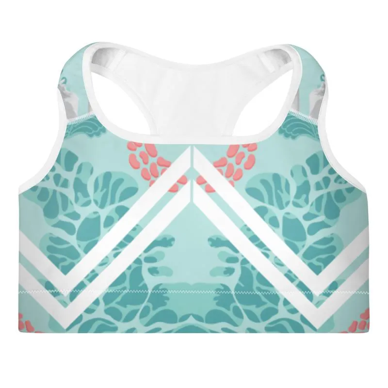 Floral Swan Sporty Fitness Bra, Light Blue Women's Padded Gym Sports Bra- Made in USA/ EU