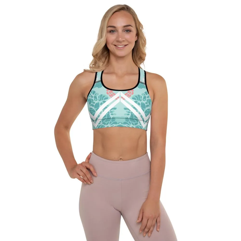 Floral Swan Sporty Fitness Bra, Light Blue Women's Padded Gym Sports Bra- Made in USA/ EU