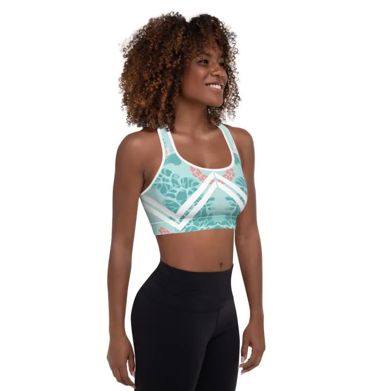 Floral Swan Sporty Fitness Bra, Light Blue Women's Padded Gym Sports Bra- Made in USA/ EU