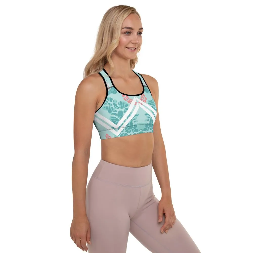 Floral Swan Sporty Fitness Bra, Light Blue Women's Padded Gym Sports Bra- Made in USA/ EU