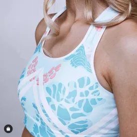 Floral Swan Sporty Fitness Bra, Light Blue Women's Padded Gym Sports Bra- Made in USA/ EU