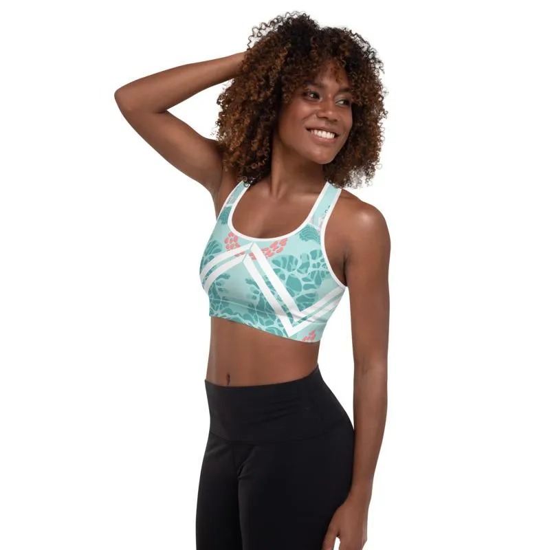 Floral Swan Sporty Fitness Bra, Light Blue Women's Padded Gym Sports Bra- Made in USA/ EU