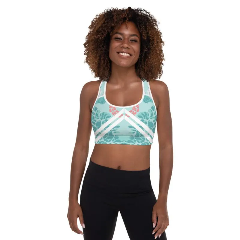 Floral Swan Sporty Fitness Bra, Light Blue Women's Padded Gym Sports Bra- Made in USA/ EU