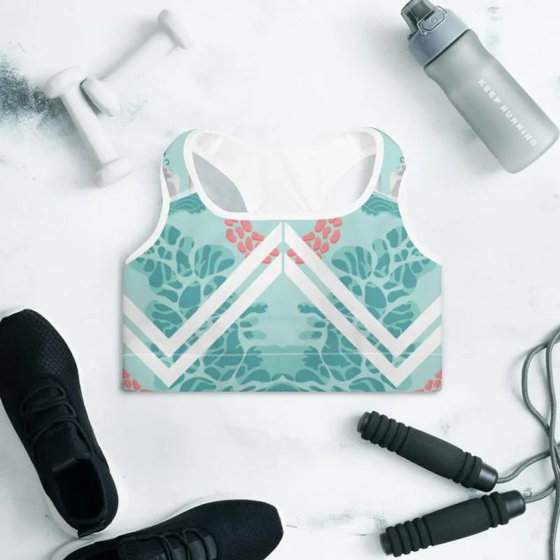 Floral Swan Sporty Fitness Bra, Light Blue Women's Padded Gym Sports Bra- Made in USA/ EU