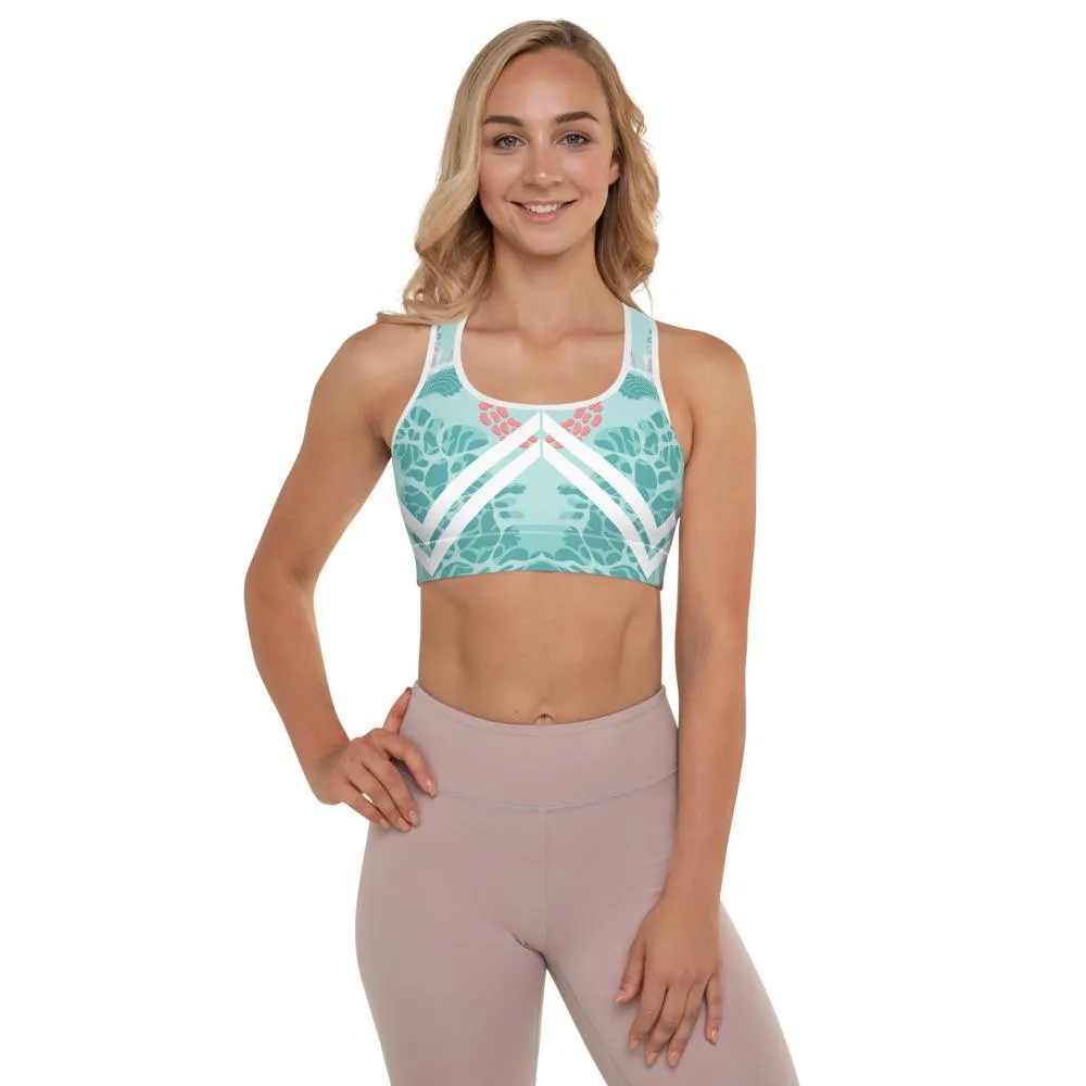 Floral Swan Sporty Fitness Bra, Light Blue Women's Padded Gym Sports Bra- Made in USA/ EU