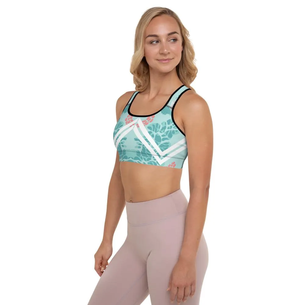 Floral Swan Sporty Fitness Bra, Light Blue Women's Padded Gym Sports Bra- Made in USA/ EU