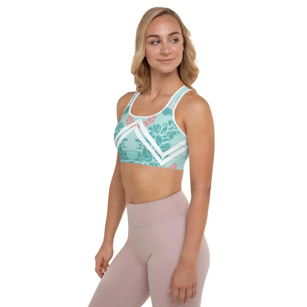 Floral Swan Sporty Fitness Bra, Light Blue Women's Padded Gym Sports Bra- Made in USA/ EU