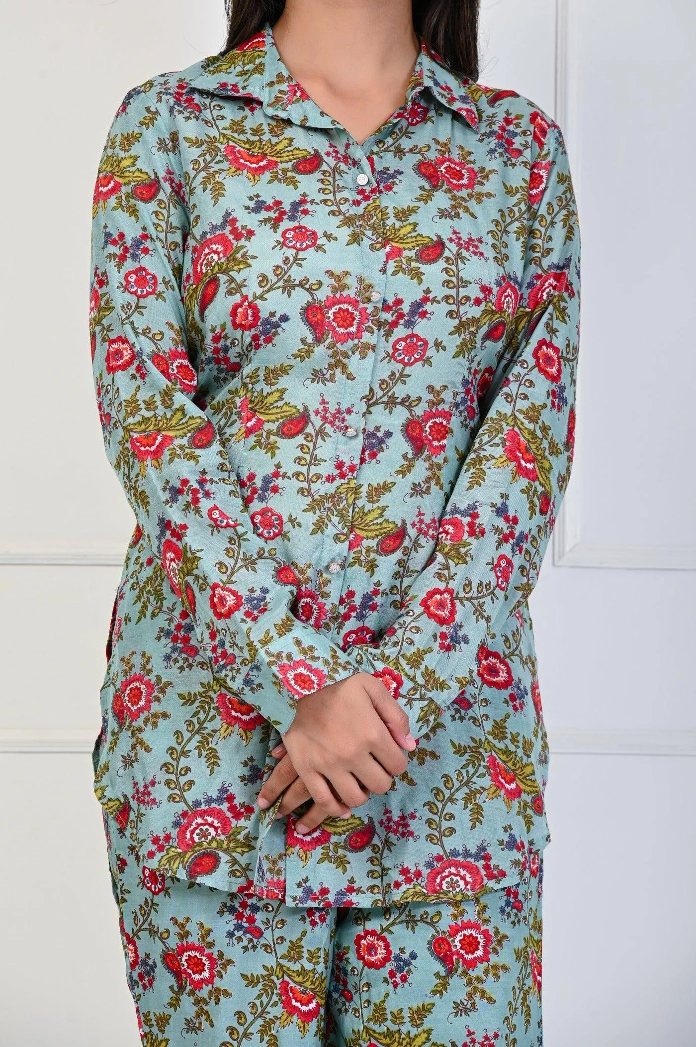 Flower Print Kurta and Pant Set in Blue