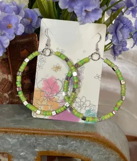 Green Jasper Stone Hoop Earrings only at Bling & Bloom's Boutique | Green Jasper Earrings | Square Silver Spacers | Large Silver Hoops | Gifts for Her | Custom Jewelry Gifts