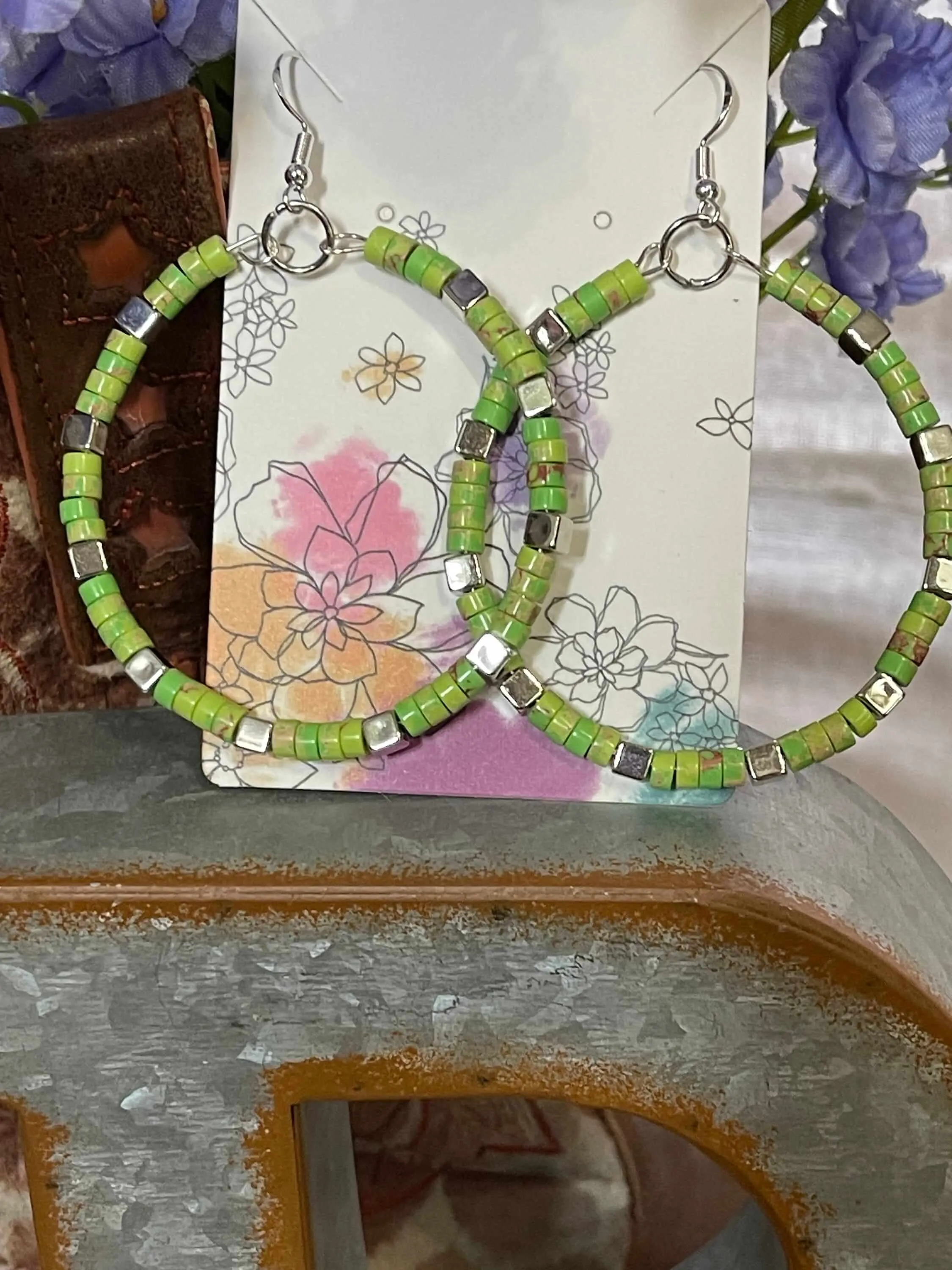 Green Jasper Stone Hoop Earrings only at Bling & Bloom's Boutique | Green Jasper Earrings | Square Silver Spacers | Large Silver Hoops | Gifts for Her | Custom Jewelry Gifts