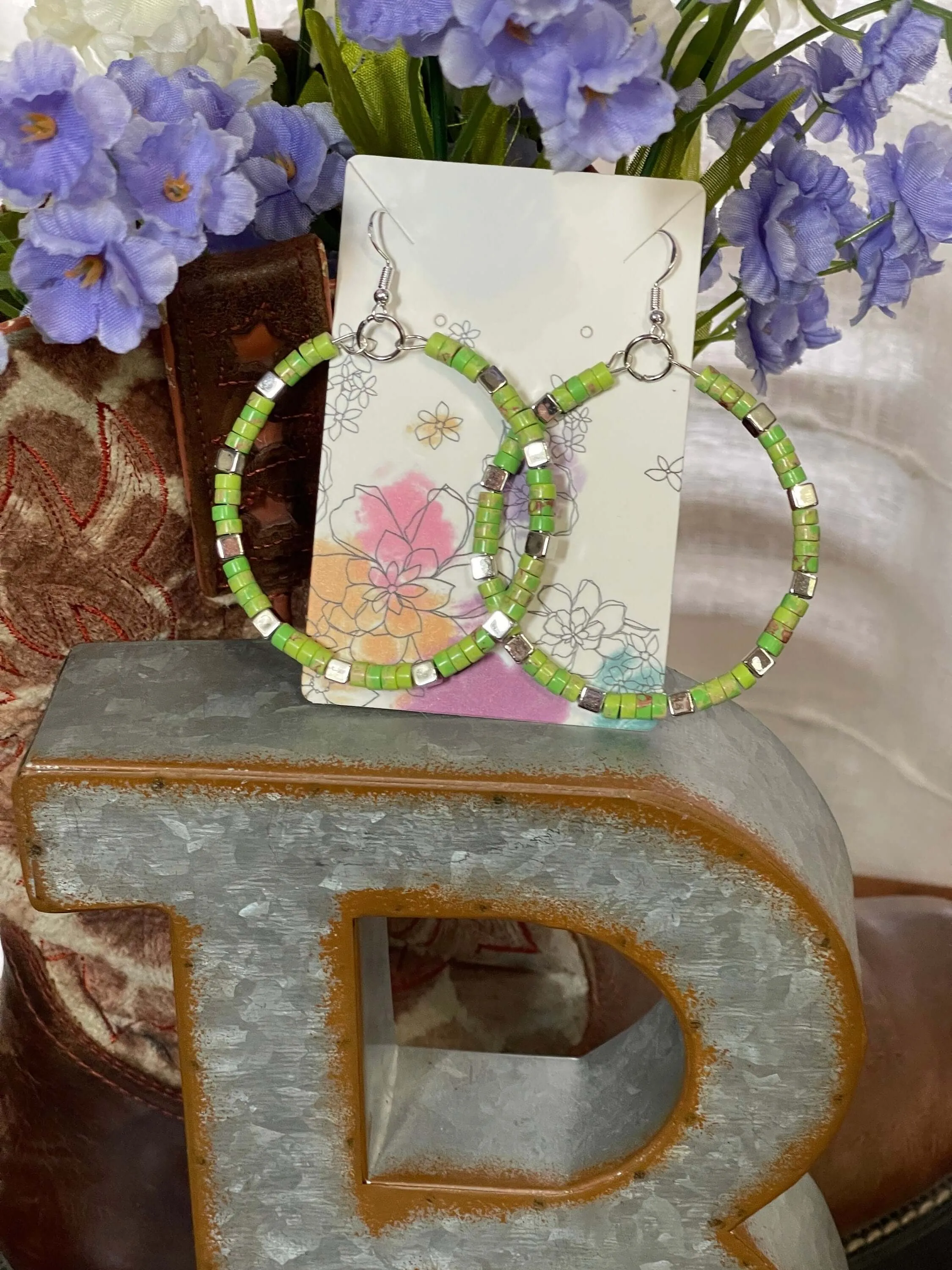 Green Jasper Stone Hoop Earrings only at Bling & Bloom's Boutique | Green Jasper Earrings | Square Silver Spacers | Large Silver Hoops | Gifts for Her | Custom Jewelry Gifts