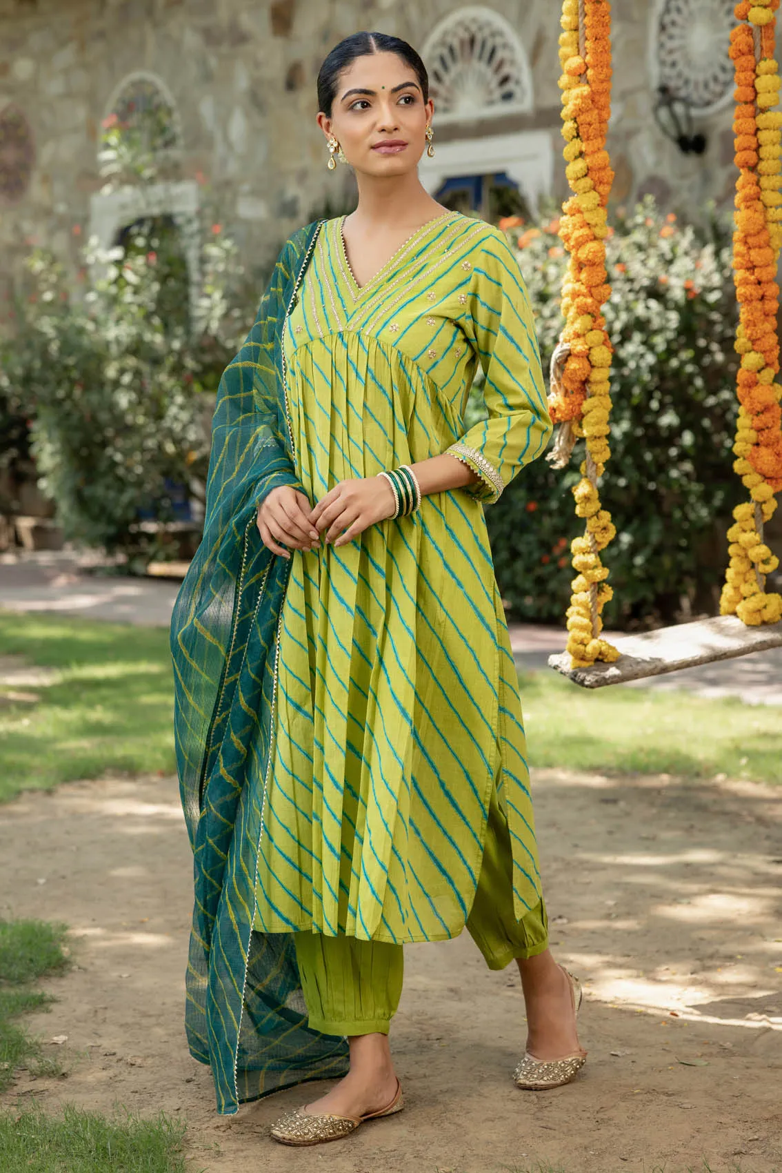Green Lehariya Kurta